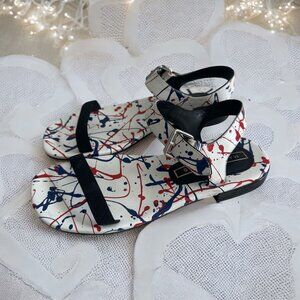 MARC JACOBS Paint Splatter White Blue Red Leather Sandals Size 7.5 / 37.5